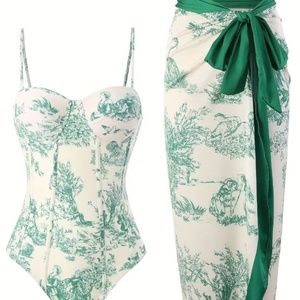 2 piece Women's Vintage Print Swimsuit Set/cover up skirt